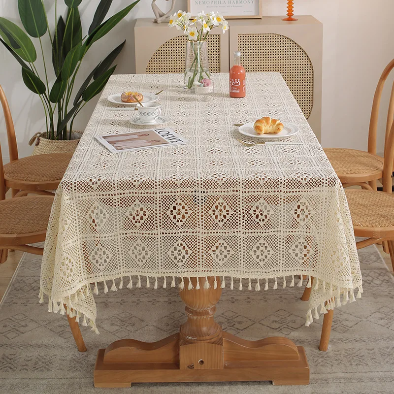 

Pastoral Crochet Table Cloth Woven Tablecloth Tassel Tablecloth Beige Hollowed Out Tablecloth Cotton Linen Placemat