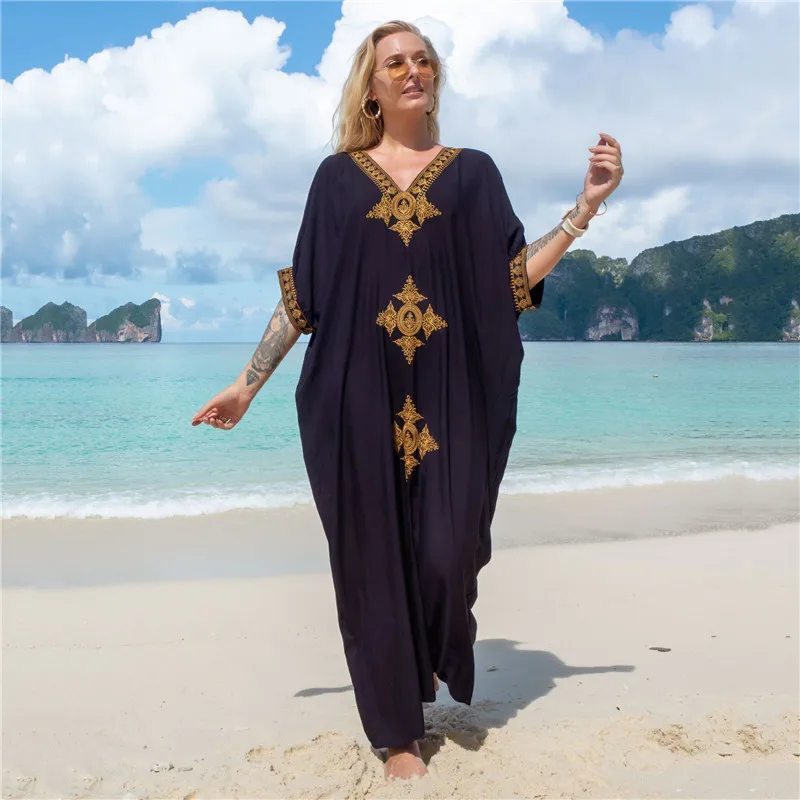 New Bohemian Retro Embroidered Bikini Cover Up Maxi Dress For Women Loose Beachwear Vintage Long Kaftan