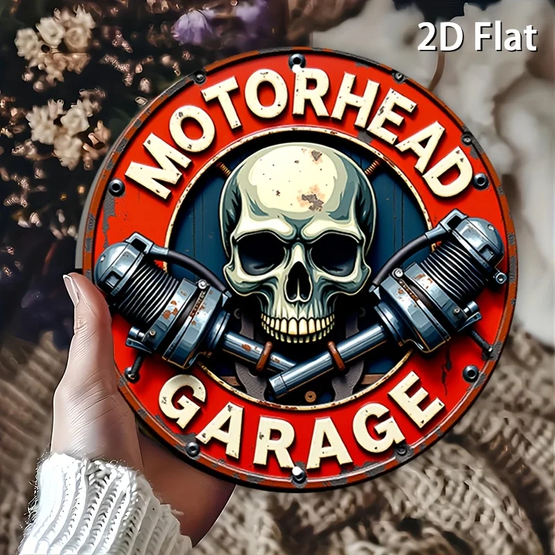 [Retro Round Skull Sign] 1pc Retro Round Aluminum Skull Sign - Vintage Rustic Metal Wall Art, 2D Flat Tin Sign for Home, Garage,