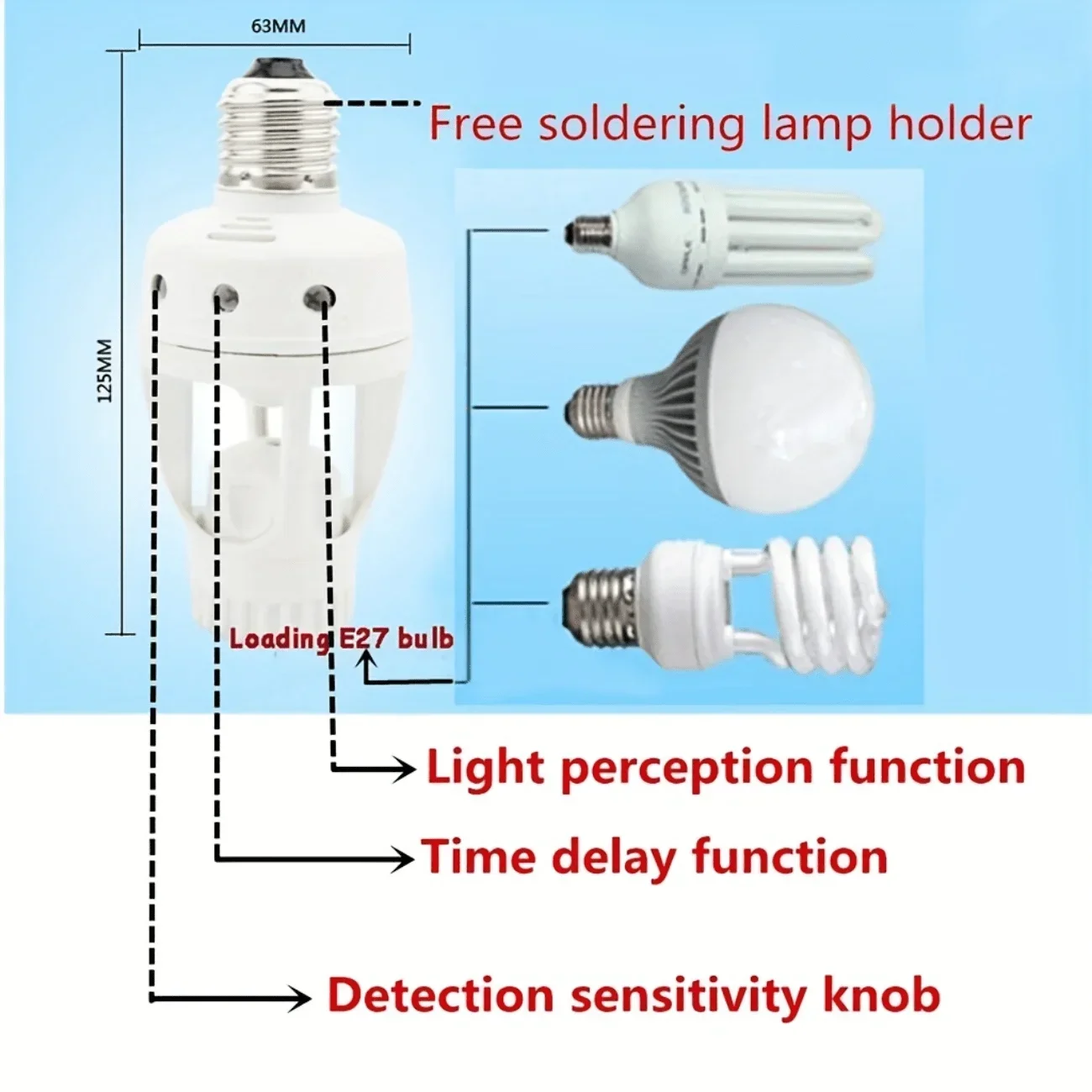 E27 Light Socket Holder PIR Induction Motion Sensor Adapter Lamp Base Auto Switch Adjustable Delay Time Bulb 85V-265V for Home
