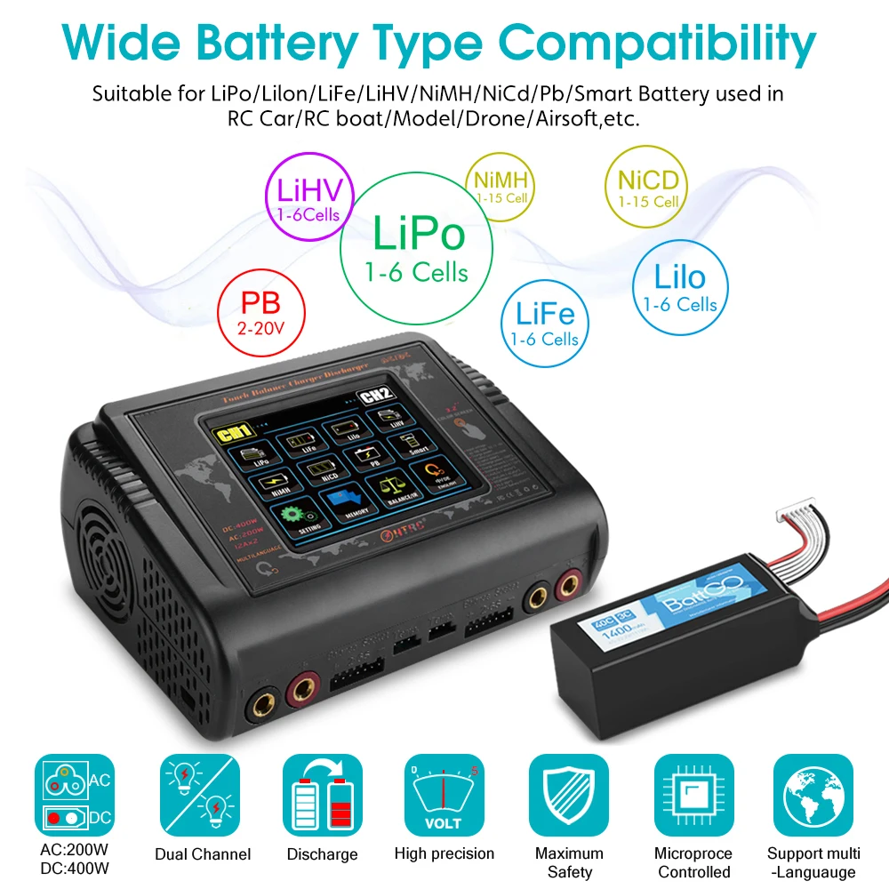 Battery Charger Battery Charger Adapter HTRC DC 400W/240W Dual-Channel RC Charger Discharger For LiPo LiHV LiFe Lilon NiCd NiMh Pb Battery Charger For RC Models Toys