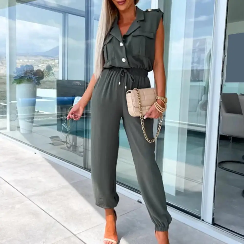 

Women Jumpsuit Elastic Waist Jumpsuit Lapel V-neck Jumpsuit Flattering Romper Women bodysuit macacão feminino
