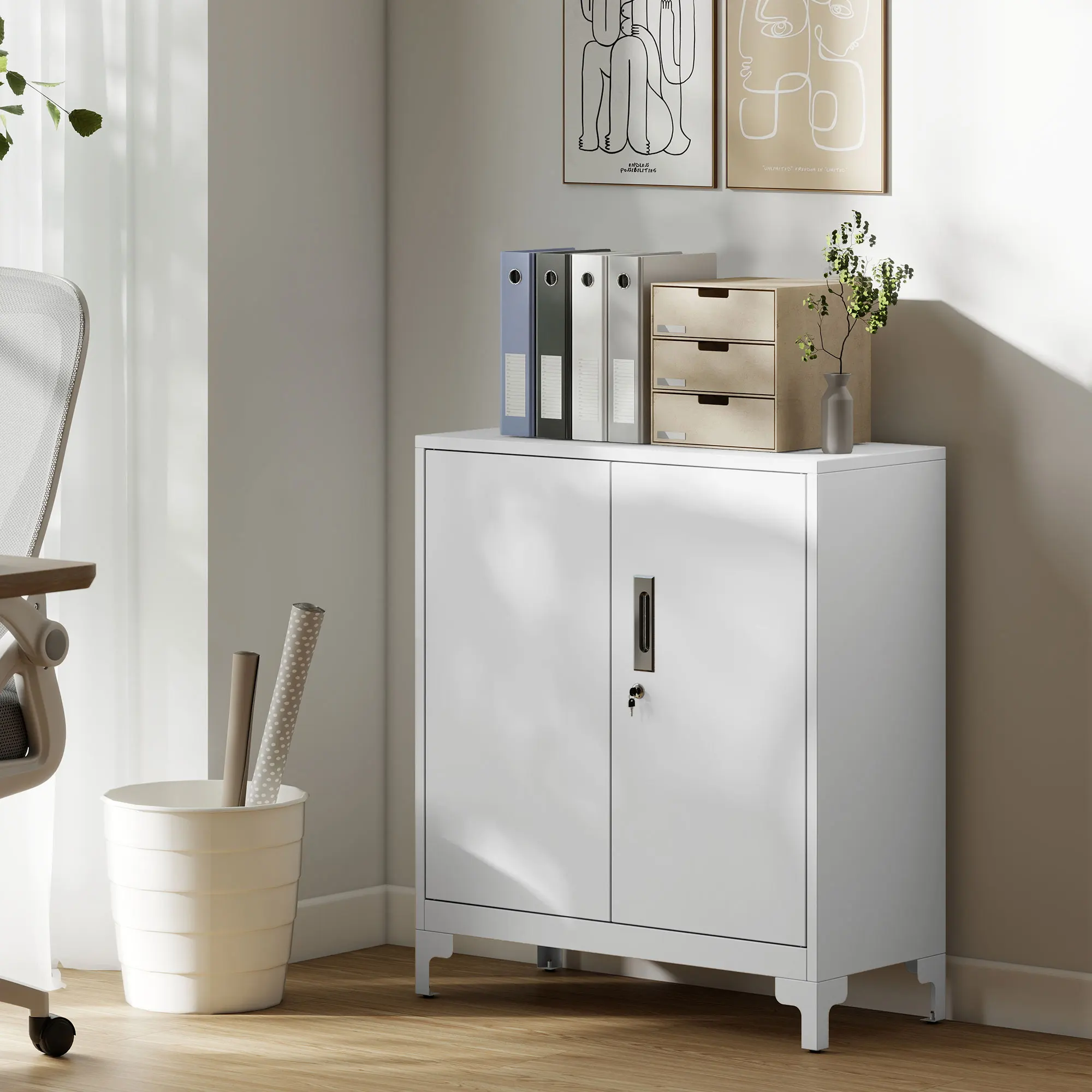Metall-Aktenschrank mit 2 Türen und Schloss, verstellbare Regalablage für Büro/Garage, 80x35x91 cm, weiß