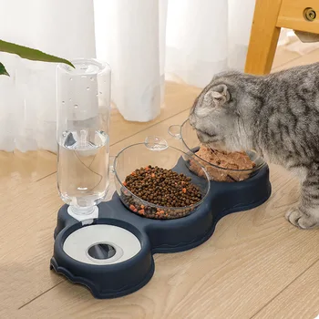 Pet Cat Automatic Feeder Plastic 3-in-1 Dog Food Bowl Double Bowls Automatic Water Reservoir Drinker Cat Feeding Accessories 1