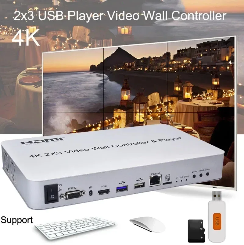 4K 2x3 HDMI 비디오 월 컨트롤러 플레이어 TV 스플라이서 2x2 멀티 스크린 스플라이싱 프로세서 USB 마우스 키보드 RS232 U 디스크 지원