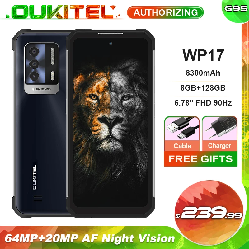Oukitel-スマートフォンwp17,8GB 128GB,防水IP68,頑丈,64MPおよび20MP