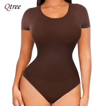 Qtree Plus Size Seamless Tummy Tucker Bodysuit Slimming Booty Lifting Shapewear for Women Short-Sleeved Waist Trainer Panties