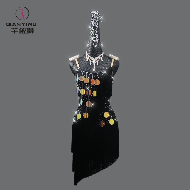 

New Professional Black Latin Dance Fringe Dress Sexy Ball Competition Short Skirts Big Size Custom Practice Wear Cocktail Ladies