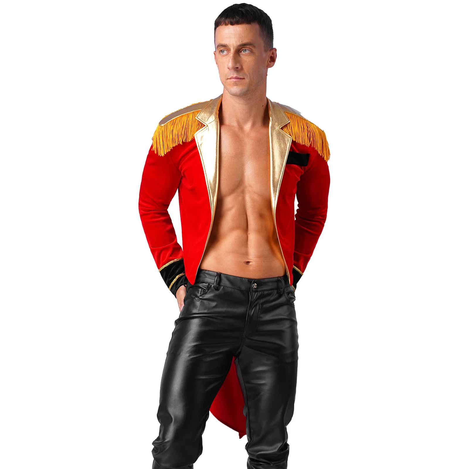 Mens Circus Ringmaster Showman Jacket Lion Tamer Costume Halloween Carnival Party Cosplay Tailcoat Velvet Swallow-Tailed Coat