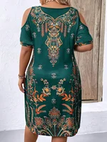 Plus Size Bohemian Ethnic Style Printed Dress, Off-Shoulder Dress, Summer Casual V Neck Short-Sleeved Dress, Plus Size Clothing