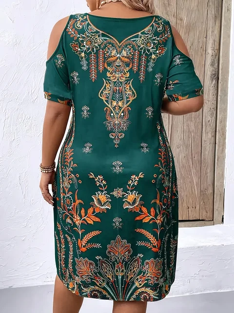 Plus Size Bohemian Ethnic Style Printed Dress, Off-Shoulder Dress, Summer Casual V Neck Short-Sleeved Dress, Plus Size Clothing