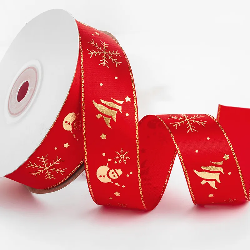 5Yards Bronzing Christmas Ribbons Printed Polyester Ribbons for Bow Gift Box Packaging Tape diy christmas decoration Crafts 25mm