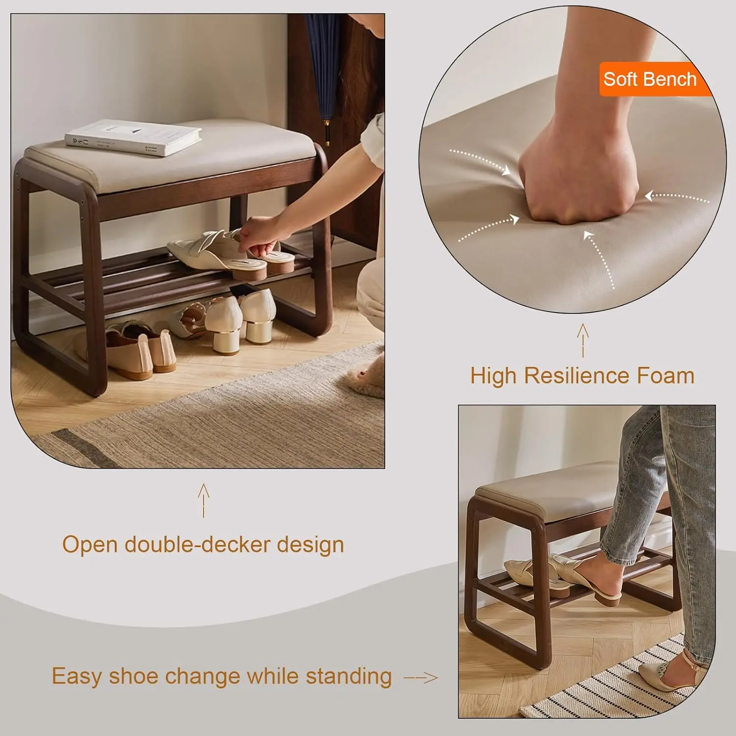 Solid Wood Bench, Entryway Shoe Bench with Cushion, 2-Tier Shoe Racks Bench, Modern Shoe Rack with Flip Top Storage Space