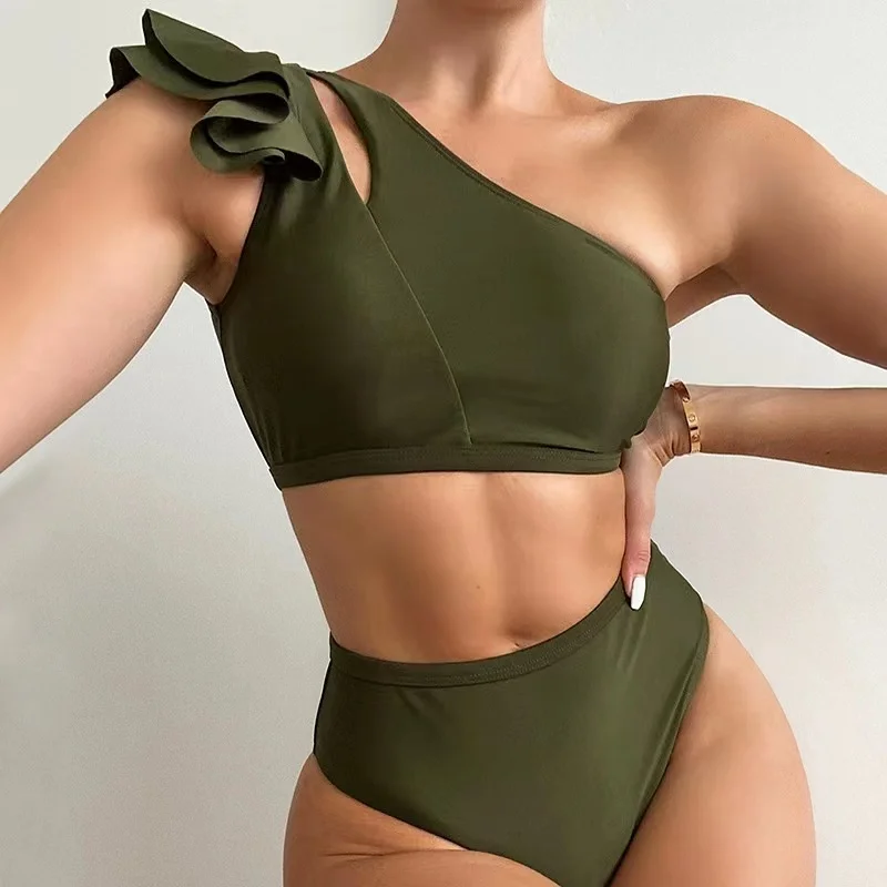 One Shoulder Cut Out Bikini Set Solid Swimsuit Women High Waist Swimwear Push Up Brazilian Bathing Suit Female Bikinis 2024 New