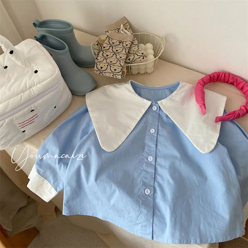 Shirt Top Cute Sweet Spring Autumn Korean Girl Contrast Color Lapel College Long Sleeve Leisure Active