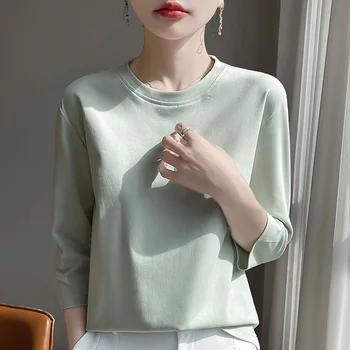 Summer Cotton Short-Sleeved T-Shirt Women's Round Neck Seven-Point Sleeves Loose Mercerized Cotton Half-Sleeve Shirt New T-shirt 1
