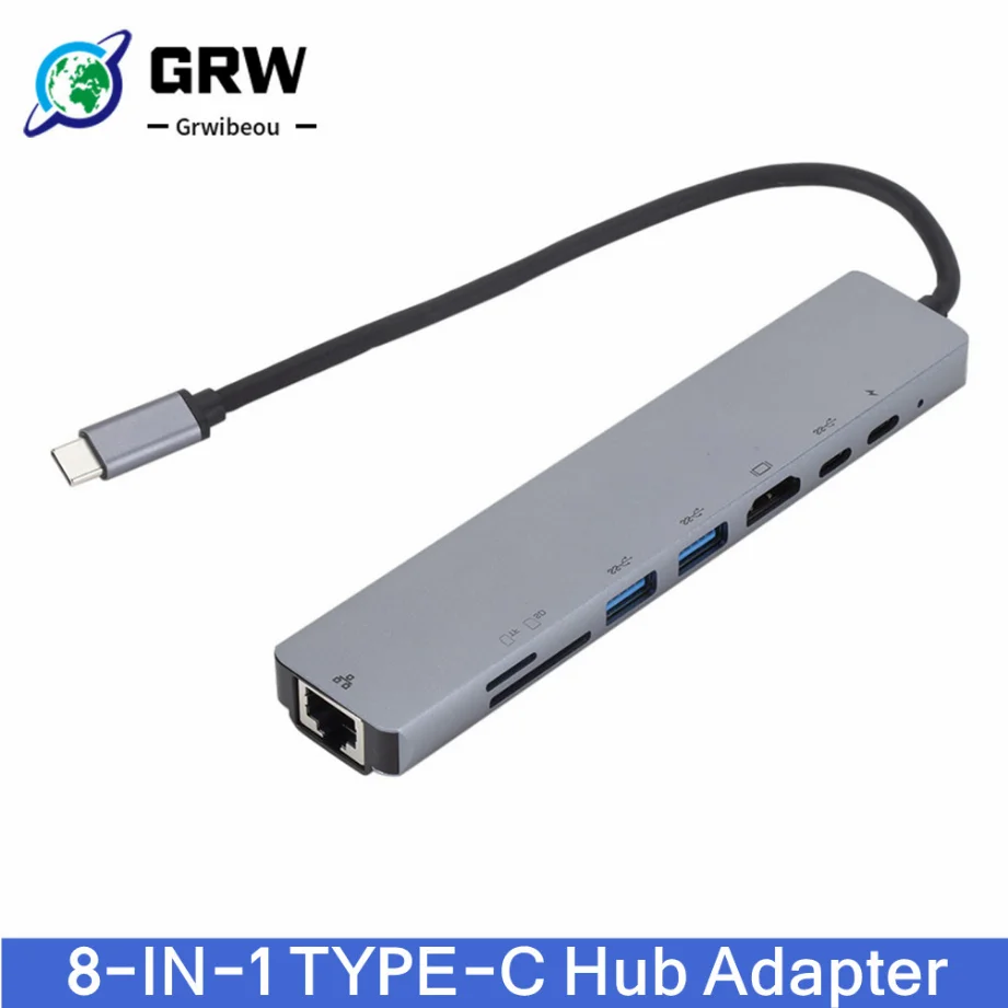 

Grwibeou 8 In 1 USB-C Hub Splitter With 100Mbps RJ45 SD/TF Card Reader TYPE-C 3.1 To 4K HDMI USB 2.0/3.0 Adapter PD Fast Charge