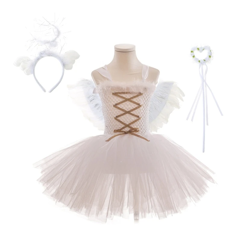 

Girls Costume Angel Wing Tutu Dress Headbands & Wand Toddler Girl Angel Cos-play Tulle Dress Photo Shooting Dresses