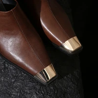 Women's New Summer Metal Headed Genuine Leather Cowhide High Heels Large Square Headed Retro Muller Slippers - Image 4