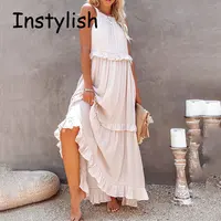 Women Casual Solid Ruffles Long Dress Summer Elegant Sleeveless Sundress Elegant Harajuku Maxi Dress Beach Party Evening Vestido - Image 2