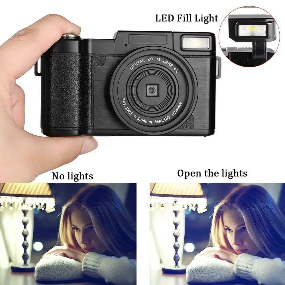 HD Digital Camera 24MP Photographic Camera 4x Zoom Rotating Screen Professional EIS Video W/ Wide Lens