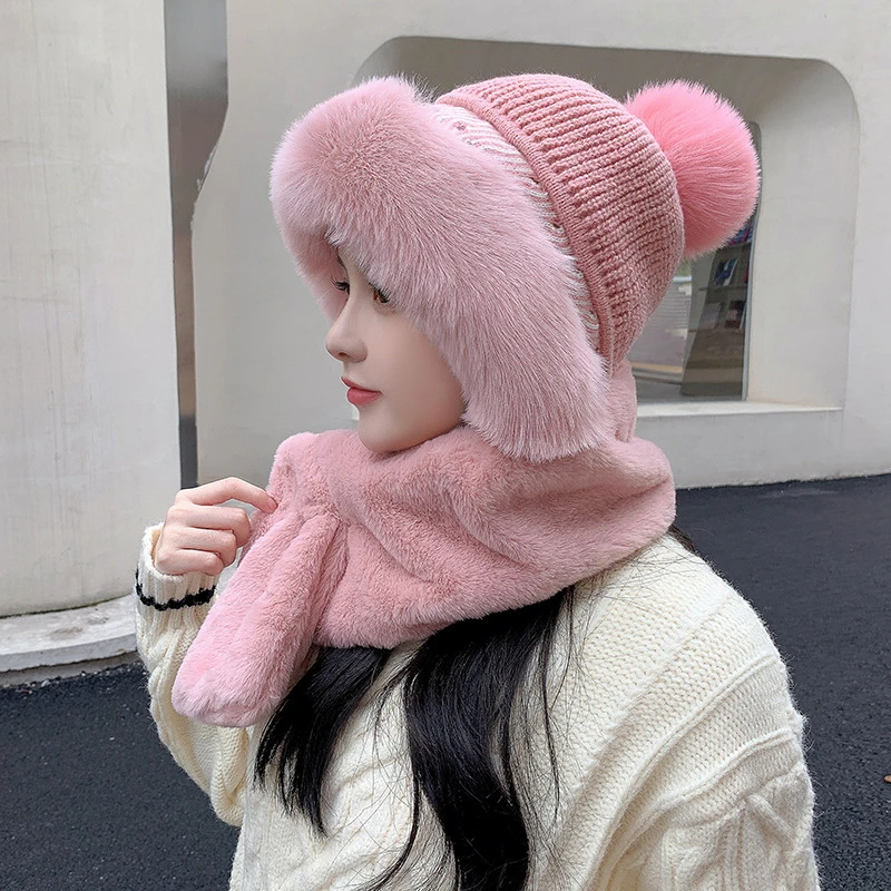 Women's Chunky Crochet Knitted Hat With Pom Pom & Flower Decor - Winter Warm Beanie, Hot Pink