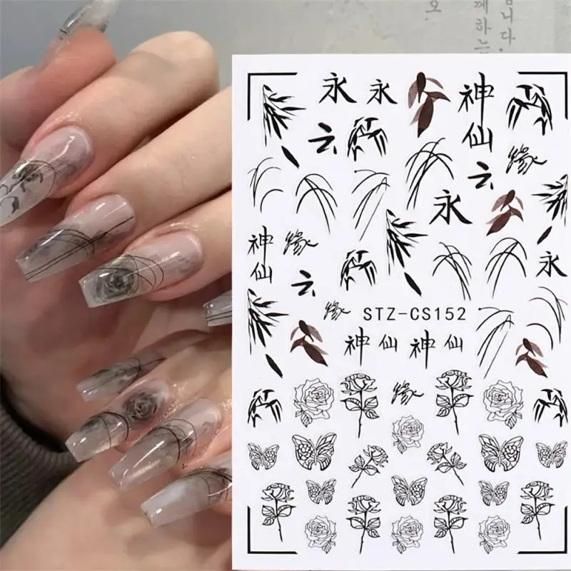 

Chinese Character Nail Sticker Ink Flower Leaf For Nails English Letters Decal Japanese Manicure Design Accessory GLCS153