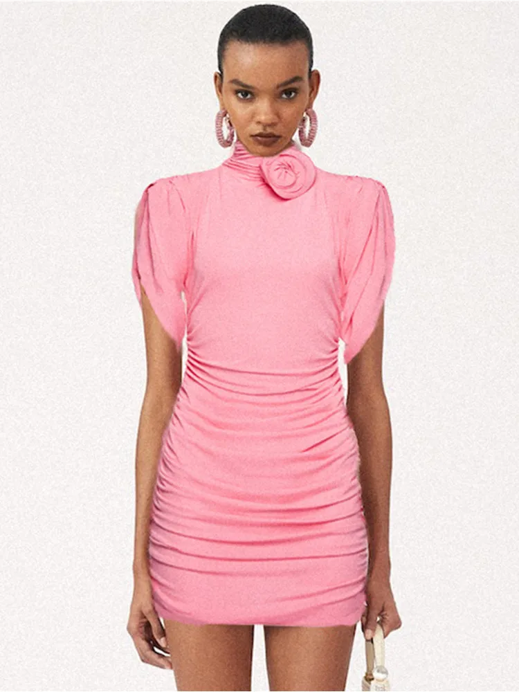 

Trendyol Women 2023 Summer Elegant Dress Light Pink Black Turtleneck Short Sleeve Ruched Bodycon Mini Office Lady Dresses