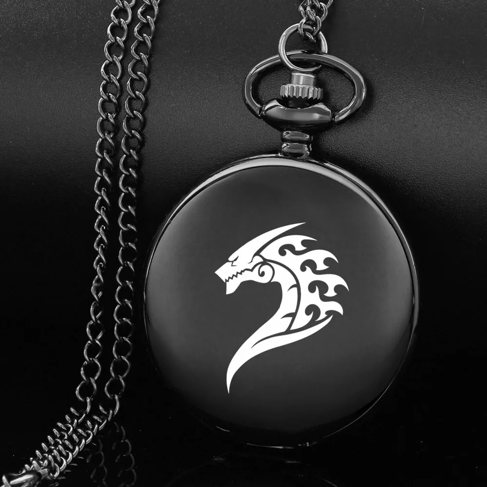 

The dragon design carving english alphabet face pocket watch a chain Black quartz watch perfect gift for boys