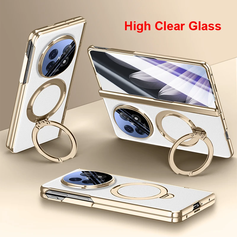 Luxury Leather Folding Case with Magnetic Rotating Ring Holder & Privacy Glass