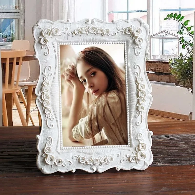 

White Rose Resin Photo Frame Artificial Painted Photo Frame 10 Inch Photo Frame Ornament Office Wedding Room Decoration Gift