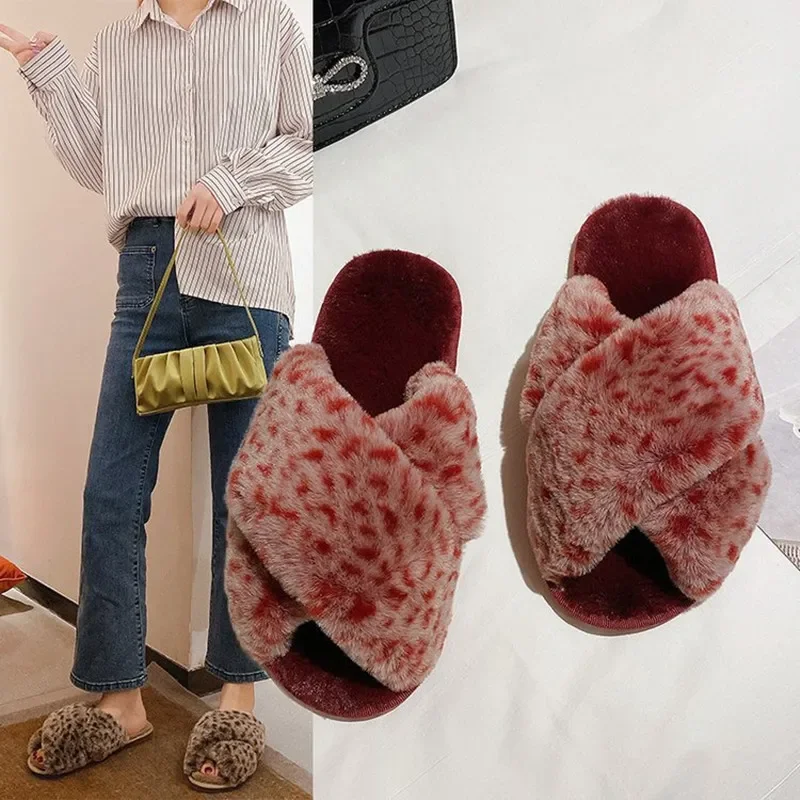 Winter Women Home Slippers Faux Fur Fashion Warm Shoes Woman Slip on Flats Female Slides Leopard Cozy Indoor Furry Slippers