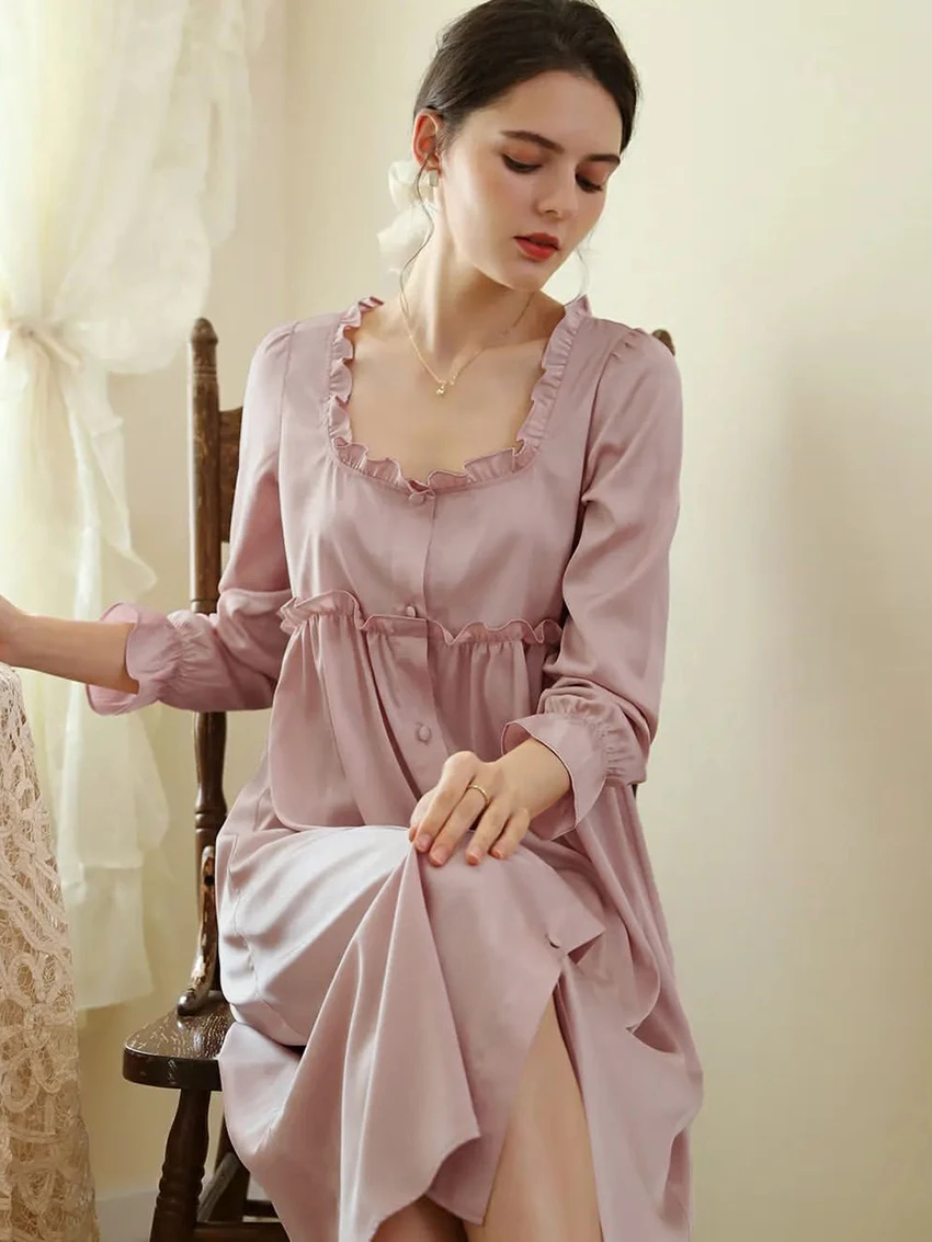Marthaqiqi Casual Female Home Clothes Sexy Square Collar Sleepwear Long Sleeve Nightgowns Split Mid-Calf Dress Women Nightwear