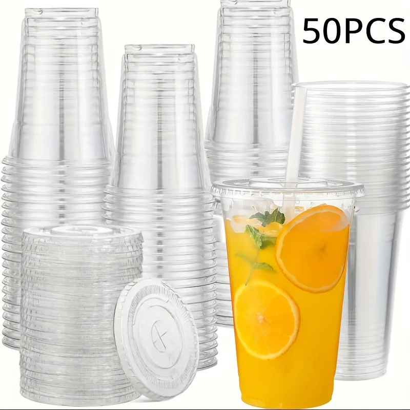 50Sets 12/16/20OZ Plastic Cups With Lids Clear Disposable Cups For Parties Iced Coffee Smoothie Milkshake Cold Drinks BEST SELLERS