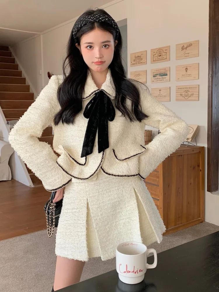 

High Quality Fashion Sweet Small Fragrant Tweed Two Piece Set Women Jacket Coat + Pleated Skirt Suits Autumn Winter 2 Piece Sets