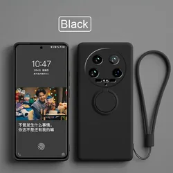 Liquid Silicone Ring Stand Phone Case with Lanyard and Magnetic Soft TPU Cover for Xiaomi 15Ultra (Black)