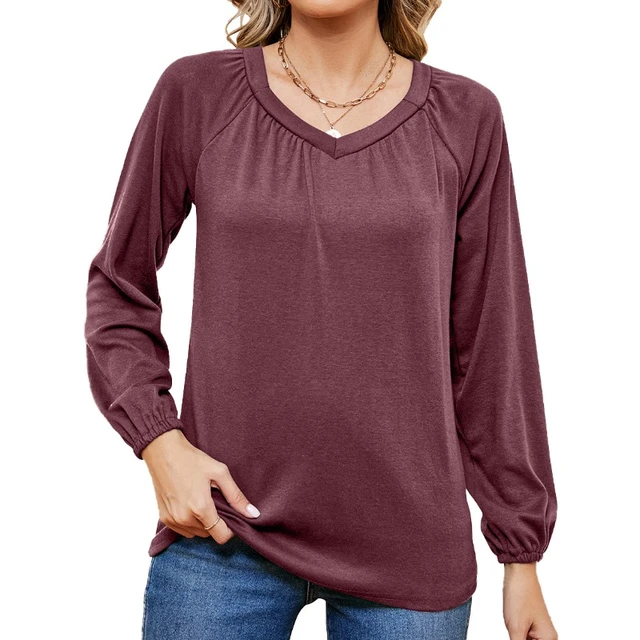 Women's Tops Fashion V neck Long Sleeve Solid Casual Pleated