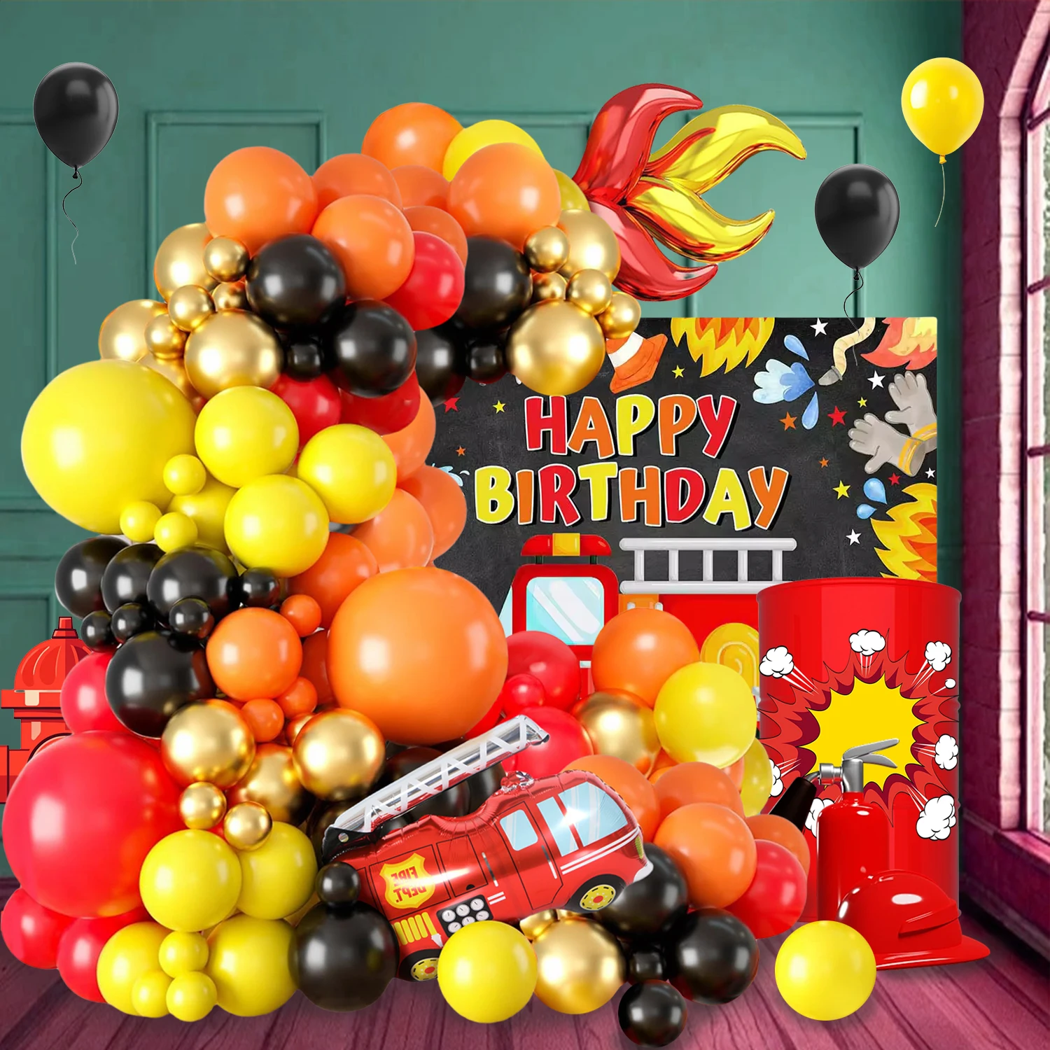 105-teiliges Feuerwehr-Themen-Ballonbogen-Set, rote und goldene S-förmige Folienballons mit großen Feuerwehrauto-Folienballons, rote, schwarze und gelbe Latexballons, geeignet für Geburtstagsfeiern, Junggesellenabschiede und Feuerwehr-Tagesveranstaltungen.