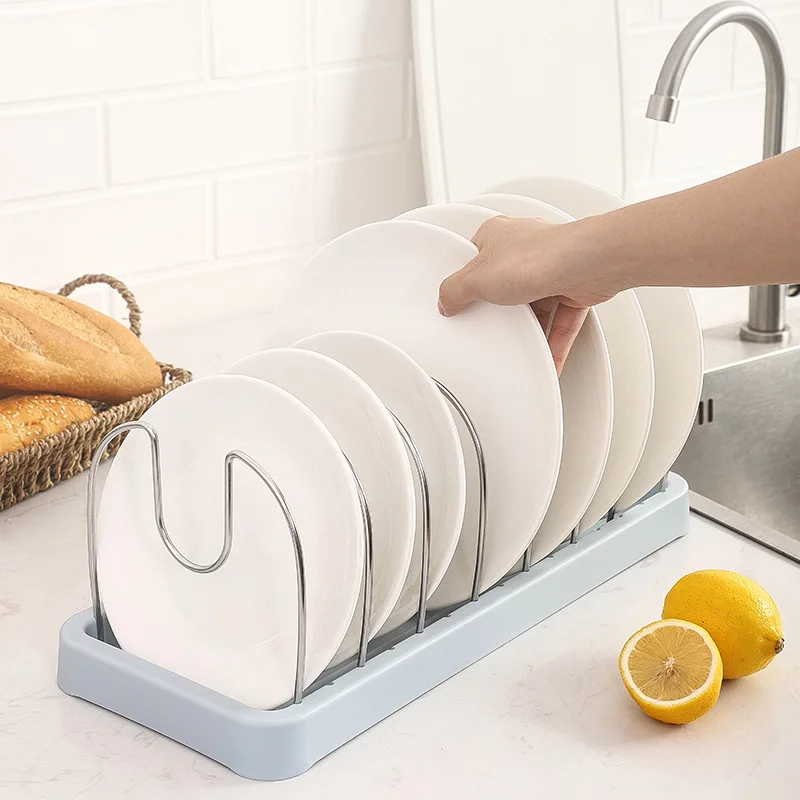

Pan Stainless Steel Pot Lid Plates Kitchen 7 Slots Sink Countertop Holder Dish Rack Bowl Storage Shelf Drying Stand Draining