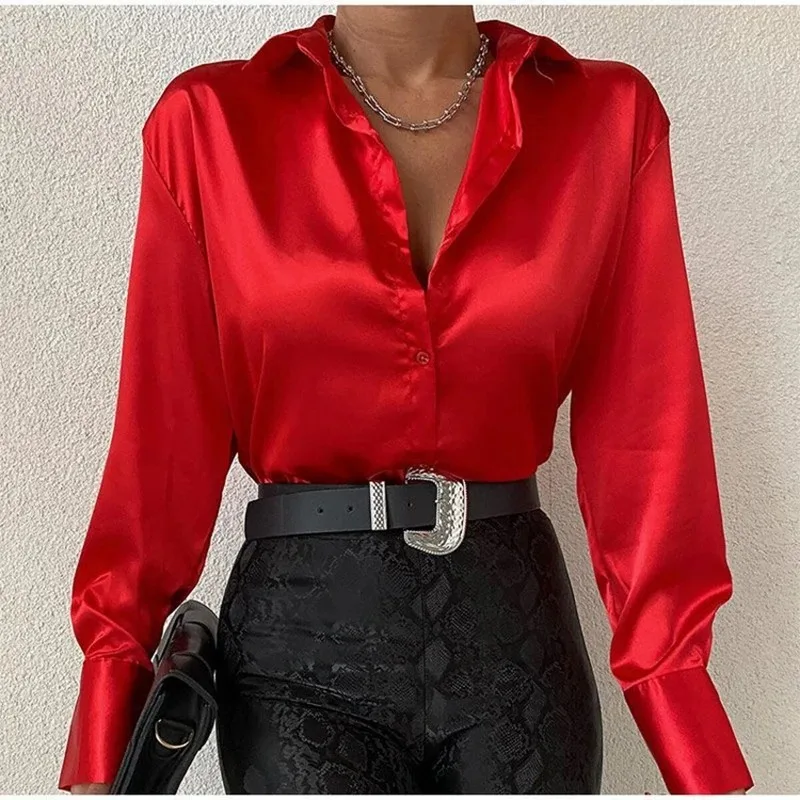 New Autumn Women's Satin Women's Long-sleeved Cardigan Lapel Shirt Fashionable and Elegant Solid Color Casual Office Blouse