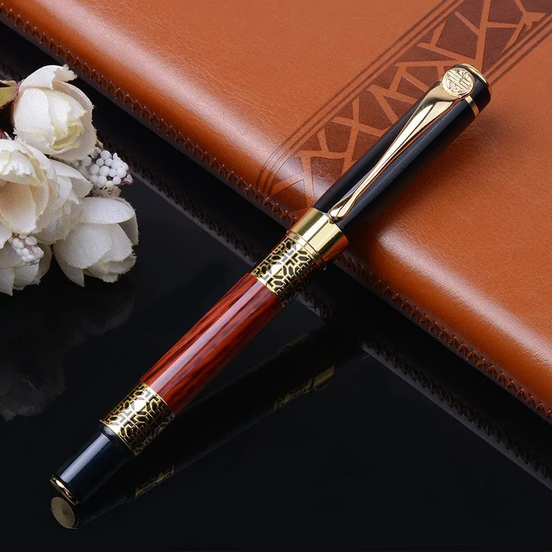 

High Quality Ink Sac Golden Carving Mahogany Luxury Business Fountain Pen School Student Office Stationery New Ink Pen