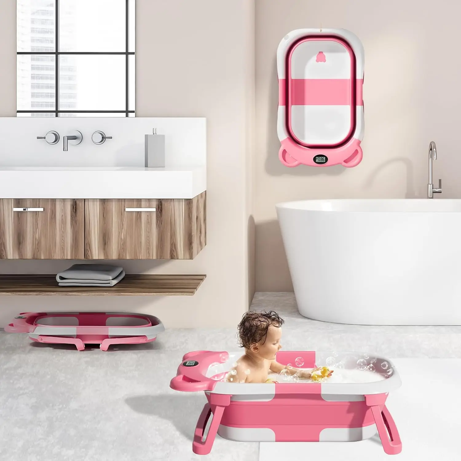 Zusammenklappbare Babybadewanne für Neugeborene mit Thermometer und 1 weichem schwimmendem Kissen, tragbare Reisebadewanne mit Abflussloch, Babywannen – Detail 12