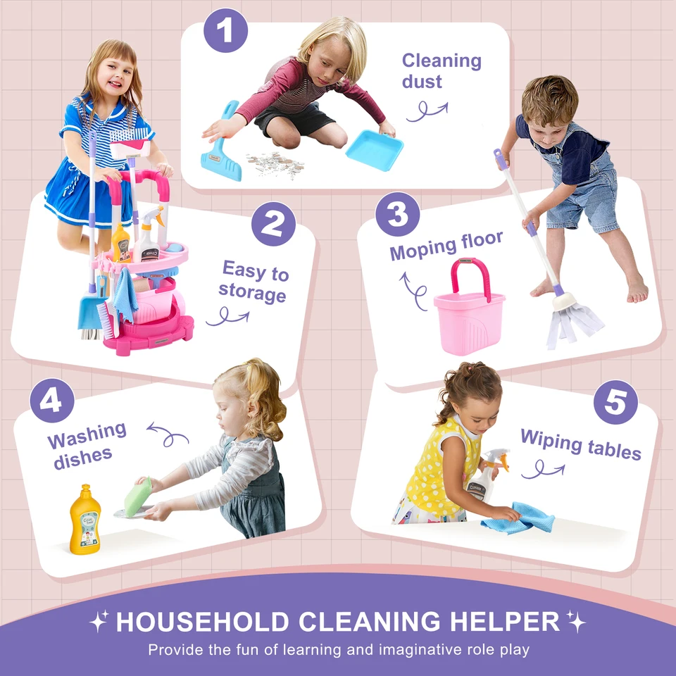 12-delige set kinderschoonmaakset met handkar, realistisch speelgoed voor het naspelen van hygiëne en schoonmaken, speelgoed voor jongens en meisjes._voghion.com
