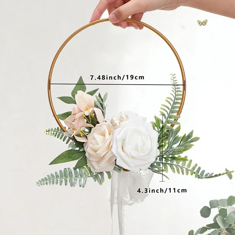 1pc Wedding Gold Hoop Bouquet,bride Ridal Shower Wedding Decor Wreath Rose Flowers and Ribbon for Nursery Wall Decor