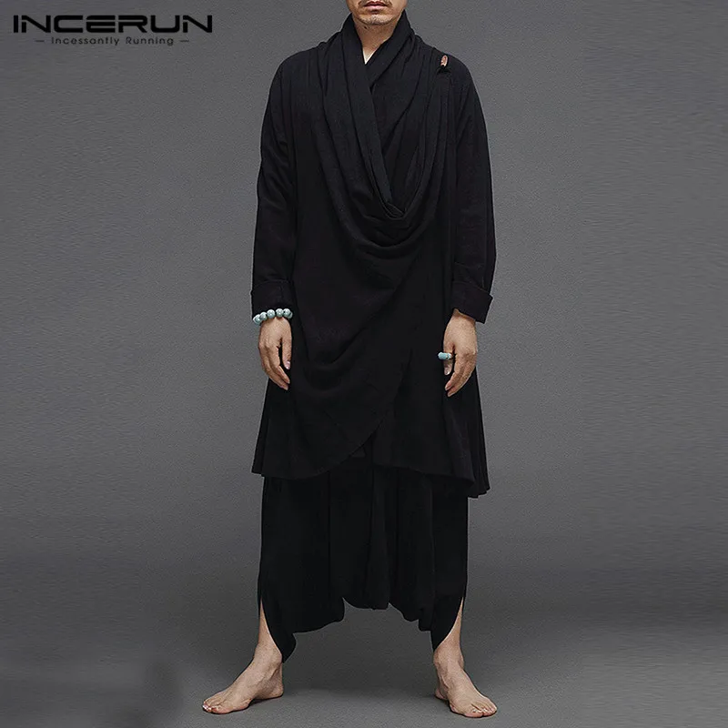 

INCERUN Solid Color Men Sets Cotton Vintage 2024 Turtleneck Irregular Cloak Coats & Drop Crotch Pants 2PCS Streetwear Mens Suits