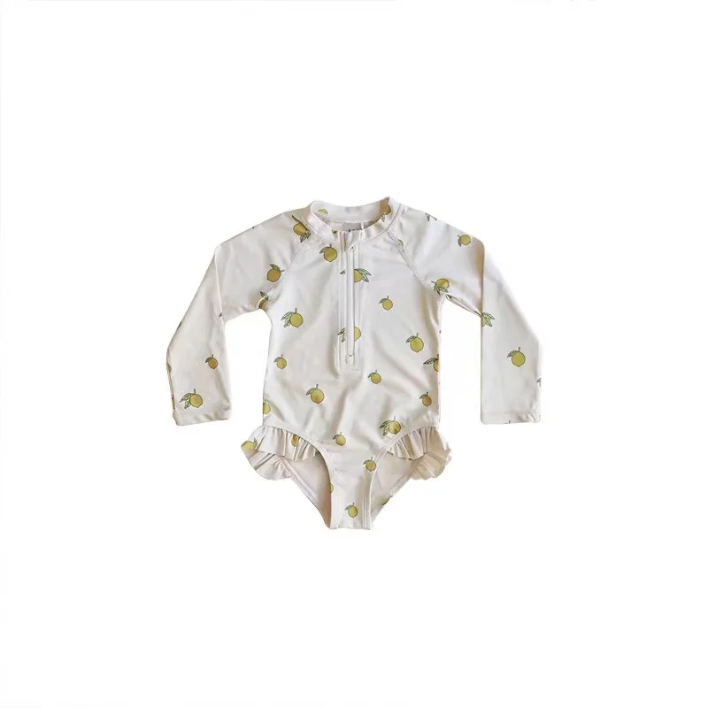 Flower Print Swimming Wear for Little Girls, Long Sleeved Swimsuits, UPF 50 + Sun Protection, High Quality