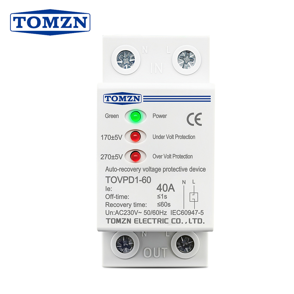  TOMZN DIN Rail 230VAC 40A 3LED Separate Indicator Auto Reconnect Over/Under Voltage Protective Device Protector Protection Relay 