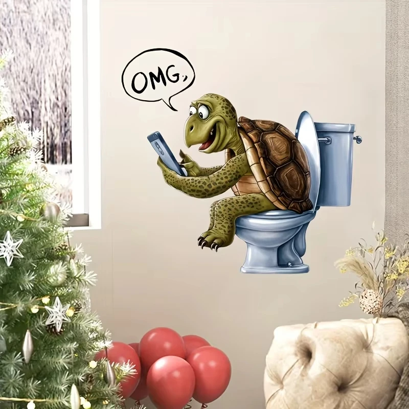 H61Funny Sea Turtle Playing Phone Toilet Sticker Bathroom Toilet Cover Sticker Wall Stickers Animal BathRoom Decoration