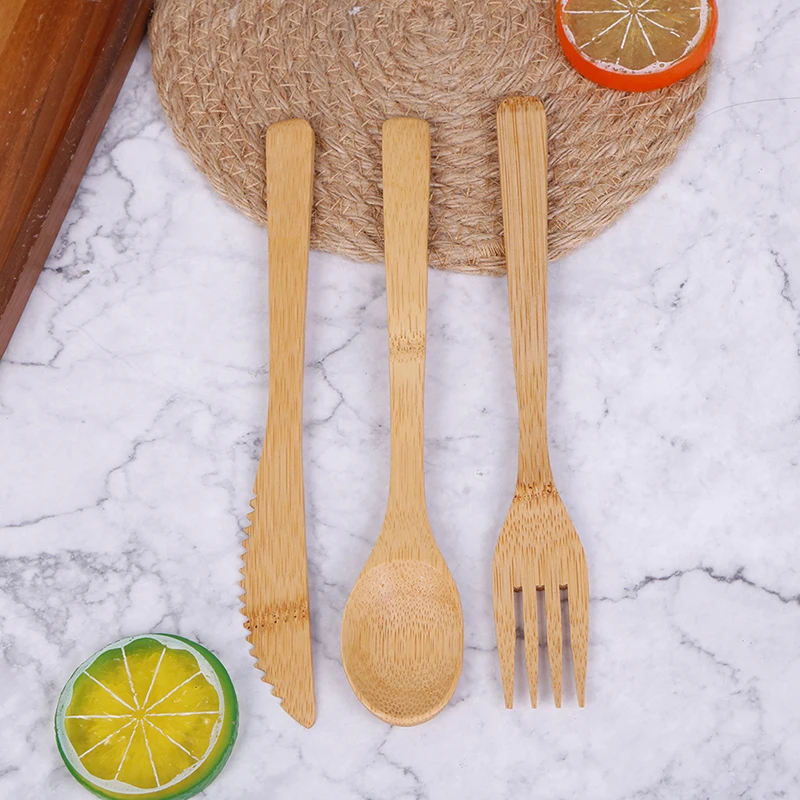 Wooden Cutlery Set 3Pcs/Set Natural Bamboo Fork Cutter Reusable Kitchen Tableware