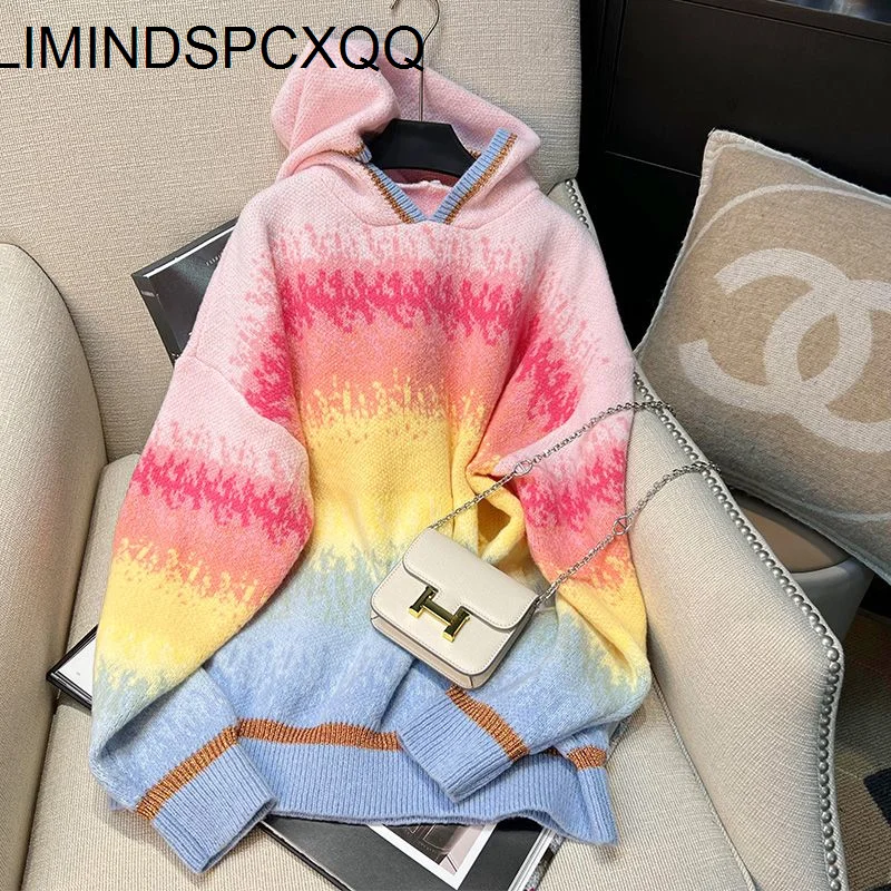 

Thicken Autumn Knitting Tops Women Hooded Rainbow Pullover Sweater Loose Jacquard Weave Overcoat Fashion Warm Clothes